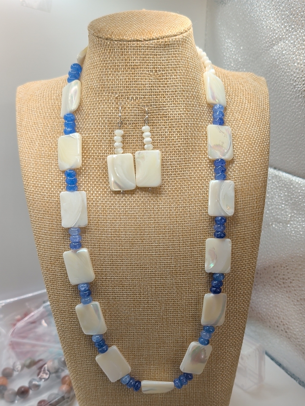 Mother of Pearl and Blue Bead Necklace with Matching Earrings